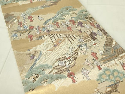 平和屋着物◎六通柄袋帯 人物風景文 金糸 正絹 逸品 DABC9767qp