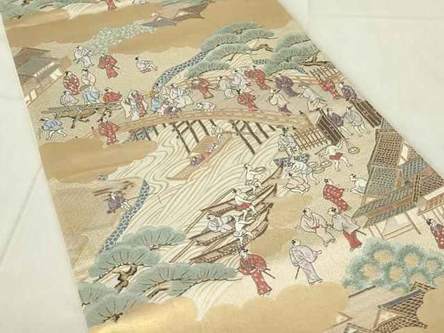 平和屋着物◎六通柄袋帯 人物風景文 金糸 正絹 逸品 DABC9767qp