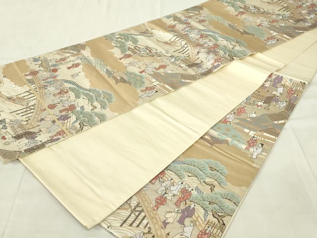 平和屋着物◎六通柄袋帯 人物風景文 金糸 正絹 逸品 DABC9767qp