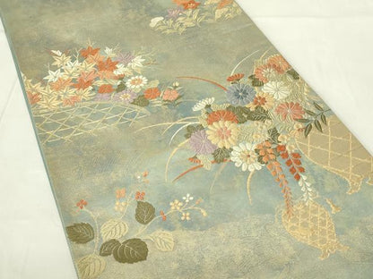 平和屋着物◎六通柄袋帯 唐織 草木染 飾花文 金糸 引箔 正絹 逸品 DABC9769qp