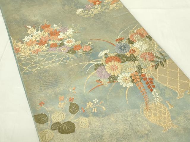 平和屋着物◎六通柄袋帯 唐織 草木染 飾花文 金糸 引箔 正絹 逸品 DABC9769qp