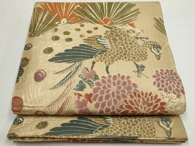 平和屋着物◎アンティーク 大正ロマン 丸帯 孔雀花文 正絹 逸品 DABC9785qp
