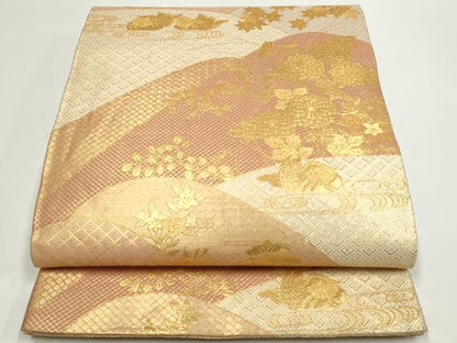 平和屋着物◎佐賀錦　博多織人 黒木織物 本場筑前博多帯　六通柄袋帯　鴛鴦花文　金糸　証紙付き　正絹　逸品　DABC9797qp