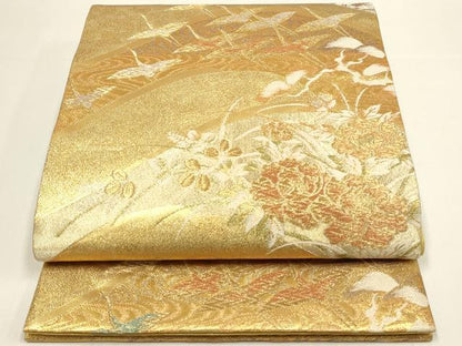 平和屋着物◎六通柄袋帯　飛鶴花文　金糸　正絹　逸品　DABC9798qp