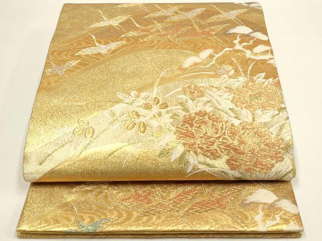 平和屋着物◎六通柄袋帯　飛鶴花文　金糸　正絹　逸品　DABC9798qp