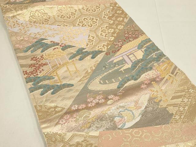 平和屋着物◎六通柄袋帯　唐織　風景鴛鴦文　金銀糸　正絹　逸品　DABC9803qp