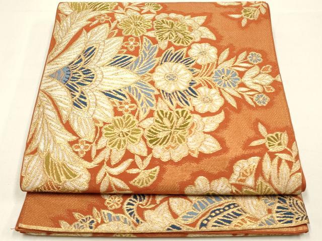 平和屋着物◎六通柄袋帯　更紗花文　金糸　正絹　逸品　DABC9819qp