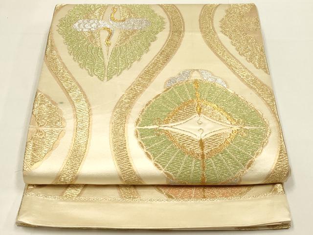 平和屋着物◎六通柄袋帯　立涌向かい鶴文　蝶　金銀糸　正絹　逸品　DABC9828qp