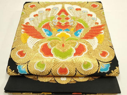平和屋着物◎六通柄袋帯　唐織　孔雀羽花文　黒地　金銀糸　正絹　逸品　DABC9833qp