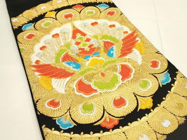平和屋着物◎六通柄袋帯 唐織 孔雀羽花文 黒地 金銀糸