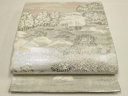 平和屋着物◎佐賀錦 六通柄袋帯 風景文 銀糸 正絹 逸品 DABC9836qp