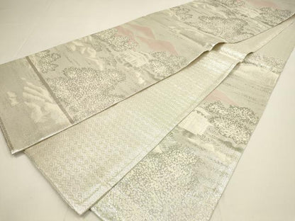 平和屋着物◎佐賀錦 六通柄袋帯 風景文 銀糸 正絹 逸品 DABC9836qp
