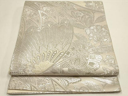 平和屋着物◎六通柄袋帯 檜扇に蝶文様 銀糸 正絹 逸品 DABC9838qp