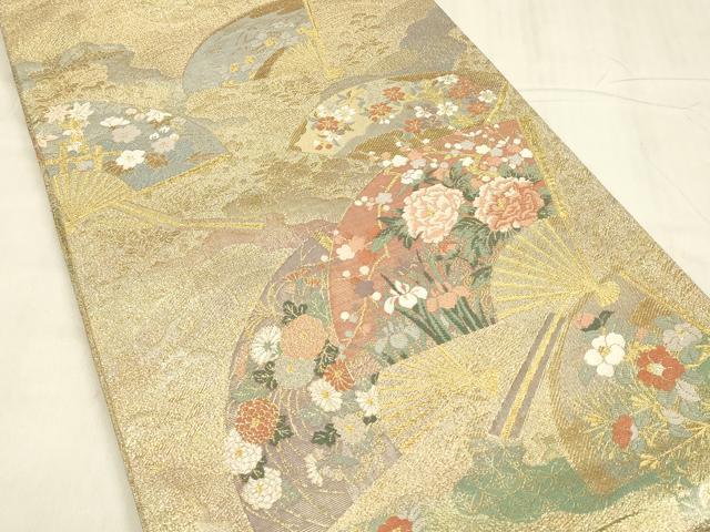 平和屋着物◎両方向 全通柄袋帯 唐織 扇絵色紙草花文 六歌仙色紙文 金糸 正絹 逸品 DABC9850qp