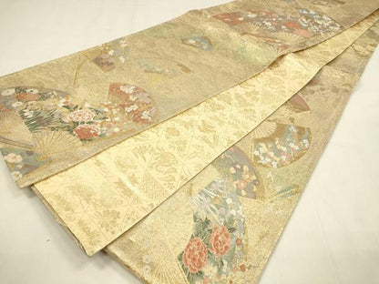 平和屋着物◎両方向 全通柄袋帯 唐織 扇絵色紙草花文 六歌仙色紙文 金糸 正絹 逸品 DABC9850qp