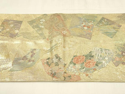 平和屋着物◎両方向 全通柄袋帯 唐織 扇絵色紙草花文 六歌仙色紙文 金糸 正絹 逸品 DABC9850qp