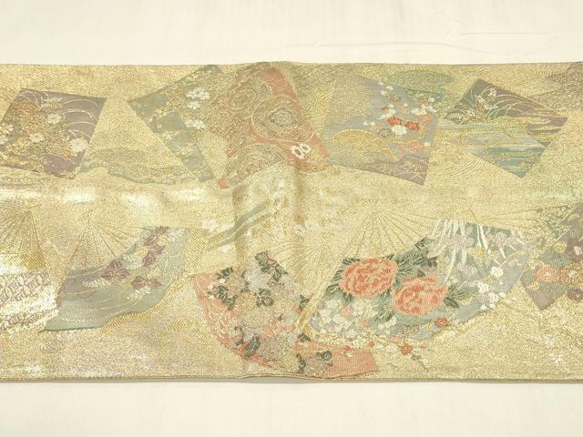 平和屋着物◎両方向 全通柄袋帯 唐織 扇絵色紙草花文 六歌仙色紙文 金糸 正絹 逸品 DABC9850qp