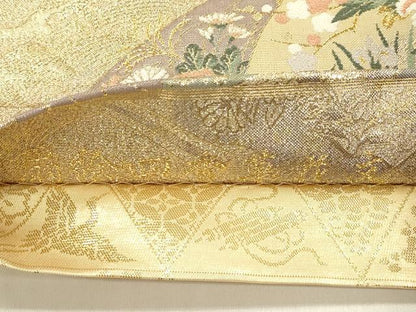 平和屋着物◎両方向 全通柄袋帯 唐織 扇絵色紙草花文 六歌仙色紙文 金糸 正絹 逸品 DABC9850qp