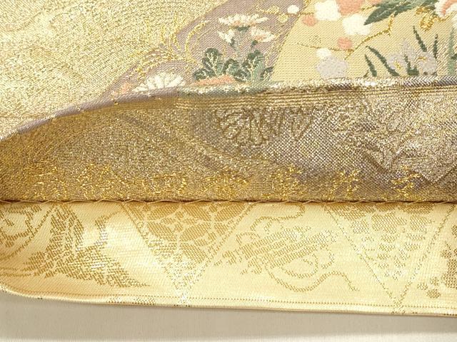 平和屋着物◎両方向 全通柄袋帯 唐織 扇絵色紙草花文 六歌仙色紙文 金糸 正絹 逸品 DABC9850qp
