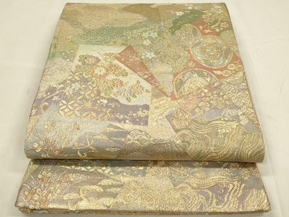 平和屋着物◎両方向 全通柄袋帯 唐織 扇絵色紙草花文 六歌仙色紙文 金糸 正絹 逸品 DABC9850qp