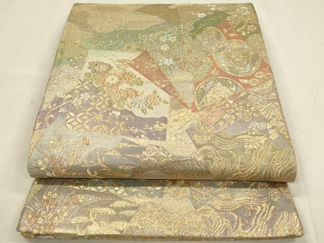 平和屋着物◎両方向 全通柄袋帯 唐織 扇絵色紙草花文 六歌仙色紙文 金糸 正絹 逸品 DABC9850qp
