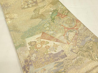 平和屋着物◎両方向 全通柄袋帯 唐織 扇絵色紙草花文 六歌仙色紙文 金糸 正絹 逸品 DABC9850qp
