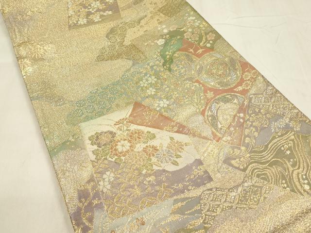 平和屋着物◎両方向 全通柄袋帯 唐織 扇絵色紙草花文 六歌仙色紙文 金糸 正絹 逸品 DABC9850qp