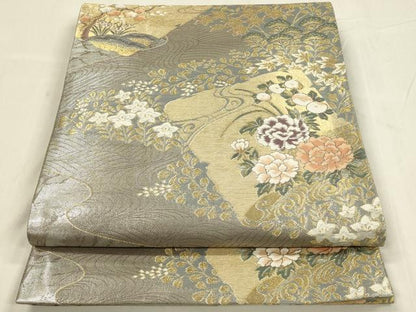平和屋着物◎六通柄袋帯　破れ色紙花文　金糸　正絹　逸品　DABC9855qp