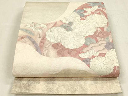 平和屋着物◎太鼓柄袋帯　草花文　引箔　正絹　逸品　DABC9881qp