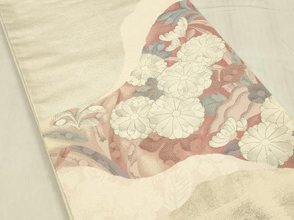 平和屋着物◎太鼓柄袋帯　草花文　引箔　正絹　逸品　DABC9881qp