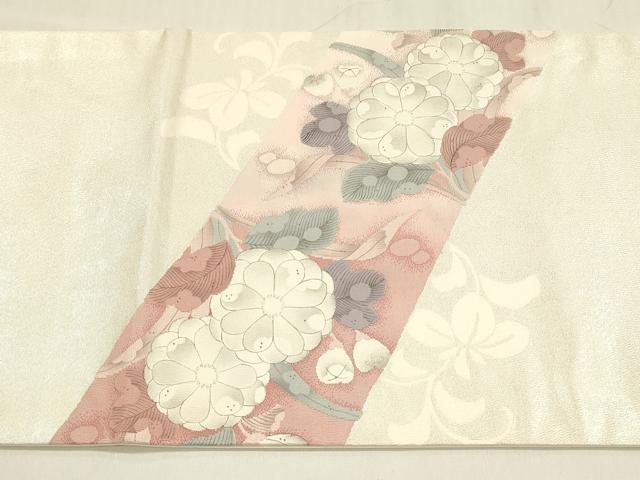 平和屋着物◎太鼓柄袋帯　草花文　引箔　正絹　逸品　DABC9881qp