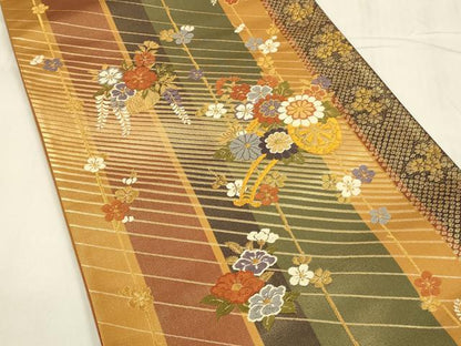 平和屋着物◎六通柄袋帯　唐織　花車文　金糸　正絹　逸品　DABC9892qp