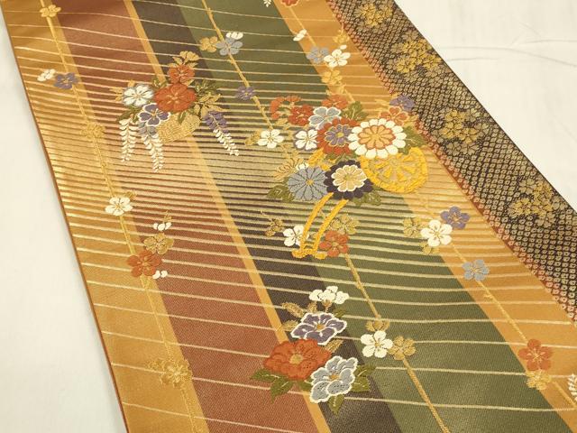 平和屋着物◎六通柄袋帯　唐織　花車文　金糸　正絹　逸品　DABC9892qp