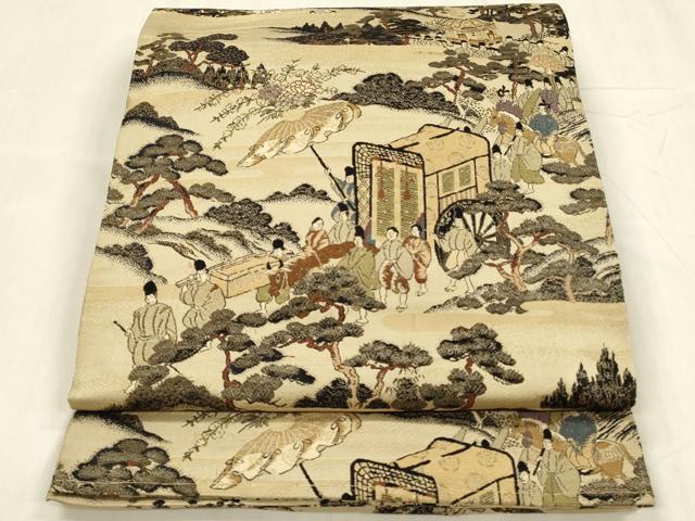 平和屋着物◎アンティーク 大正ロマン 丸帯 唐織 人物風景文 正絹 逸品