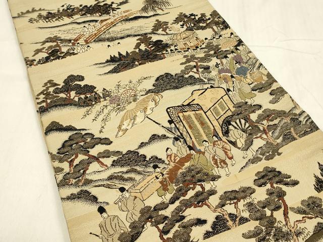 平和屋着物◎アンティーク 大正ロマン 丸帯 唐織 人物風景文 正絹 逸品