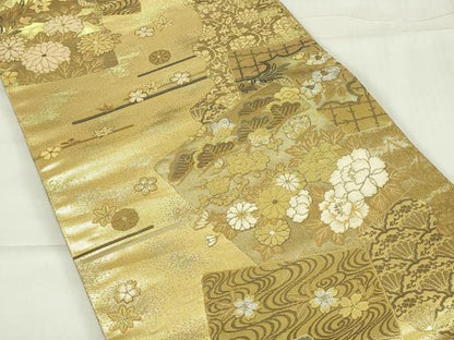 平和屋着物◎佐賀錦　六通柄袋帯　色紙重ね花文　金銀糸　正絹　逸品　DABC9897qp