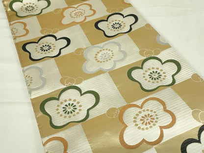 平和屋着物◎全通柄袋帯　唐織　舞梅文　金糸　正絹　逸品　DABC9902qp
