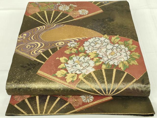 正絹、絵扇春秋文、金糸、六通柄袋帯 袋帯 本金二重箔 扇面花鳥 文六通柄 良品 フォーマル用 正絹 古典柄 箔