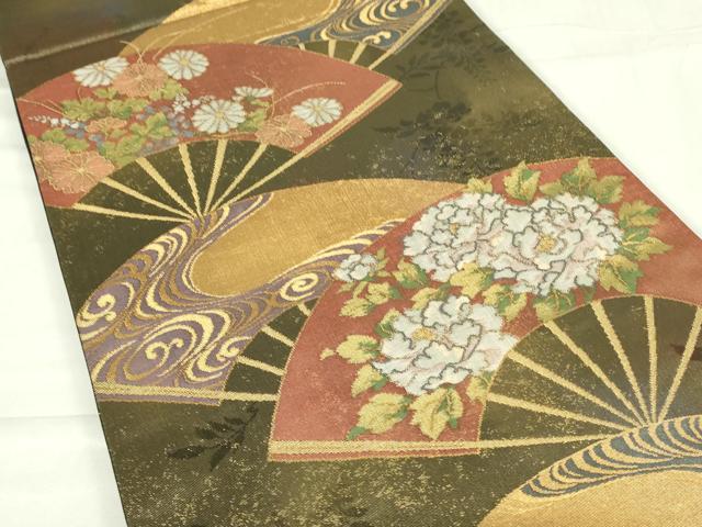 平和屋着物◎六通柄袋帯　扇面花文　金糸　正絹　逸品　DABC9905qp