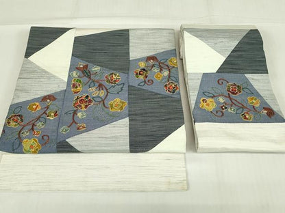 平和屋着物◎中国三大刺繍 相良刺繍 つけ帯 紬地 パッチワーク 切嵌 花唐草文 正絹 逸品 DABC9911qp