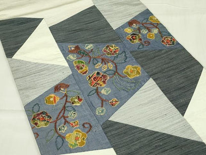 平和屋着物◎中国三大刺繍 相良刺繍 つけ帯 紬地 パッチワーク 切嵌 花唐草文 正絹 逸品 DABC9911qp