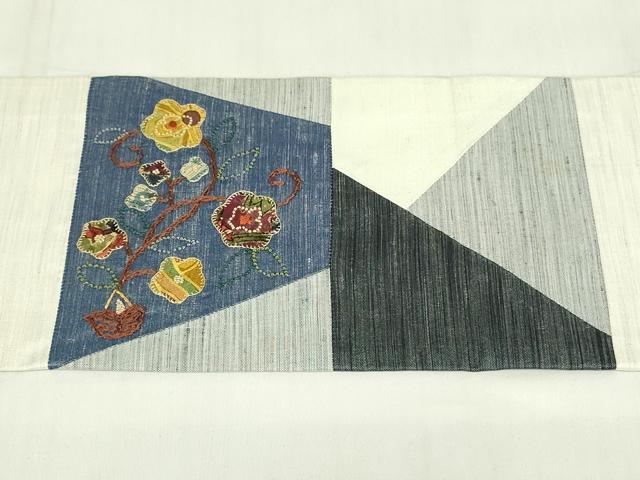 平和屋着物◎中国三大刺繍 相良刺繍 つけ帯 紬地 パッチワーク 切嵌 花唐草文 正絹 逸品 DABC9911qp