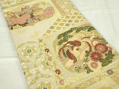 平和屋着物◎佐賀錦　六通柄袋帯　天井花鳥文　金糸　正絹　逸品　DABC9915qp