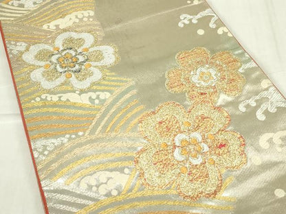 平和屋着物◎六通柄袋帯　立波花文　金銀糸　正絹　逸品　DABC9917qp