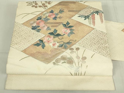 平和屋着物◎九寸名古屋帯　駒刺繍　桧垣花文　金銀彩　正絹　逸品　DABC9931qp
