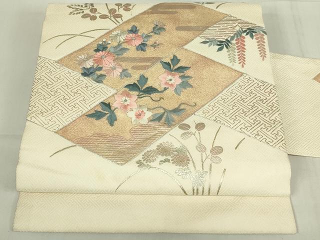 平和屋着物◎九寸名古屋帯　駒刺繍　桧垣花文　金銀彩　正絹　逸品　DABC9931qp