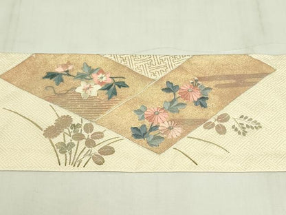 平和屋着物◎九寸名古屋帯　駒刺繍　桧垣花文　金銀彩　正絹　逸品　DABC9931qp