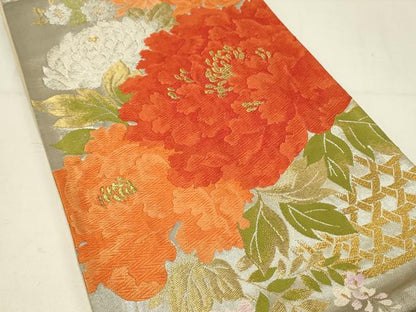 平和屋着物◎六通柄袋帯　唐織　花籠文　金糸　正絹　逸品　DABC9945qp