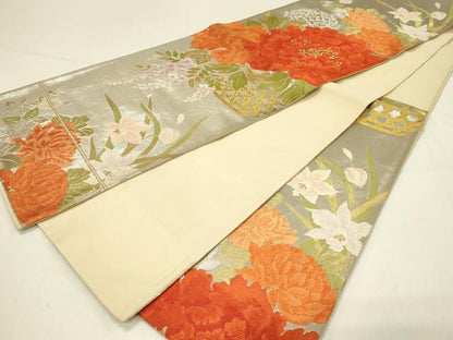 平和屋着物◎六通柄袋帯　唐織　花籠文　金糸　正絹　逸品　DABC9945qp