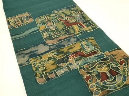 平和屋着物◎六通柄袋帯 作家物 紬地 ろうけつ染め 壁画文様 正絹 逸品 DABC9949qp